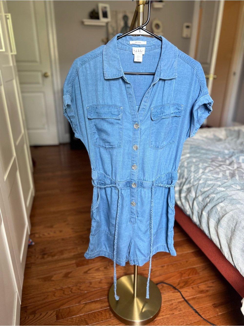 Nicole Miller Light Wash Denim Romper with Braided Drawstring - Size Small